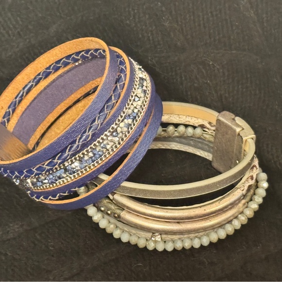 Source Unknown Jewelry - Leather 1-Beads Jewels Silver Purple Blue and 2-Silver Beige Leopard Bracelets